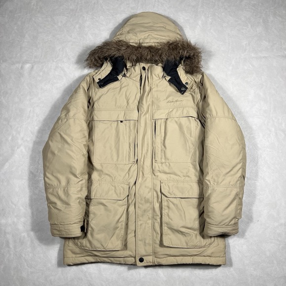 Eddie Bauer Down Jacket Size Medium Tan Faux Fur Hooded Parka Coat - Picture 1 of 11